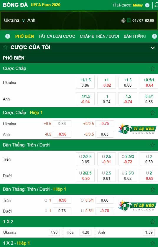chi tiết kèo trận đấu Ukraine vs Anh