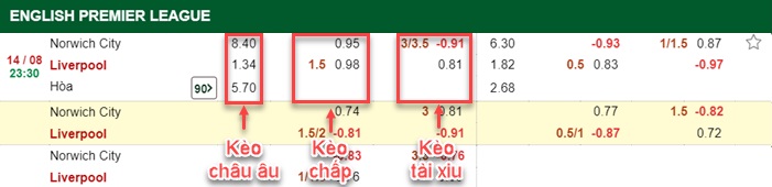 bảng kèo trận đấu Norwich vs Liverpool
