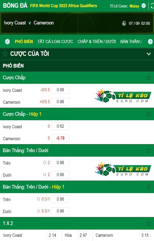chi tiết kèo đấu Bờ Biển Ngà vs Cameroon