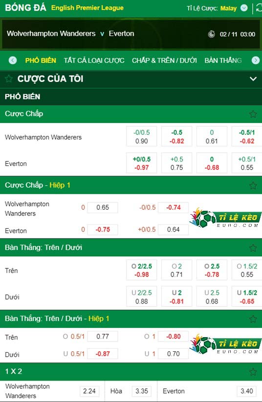 chi tiết kèo đấu Wolves vs Everton