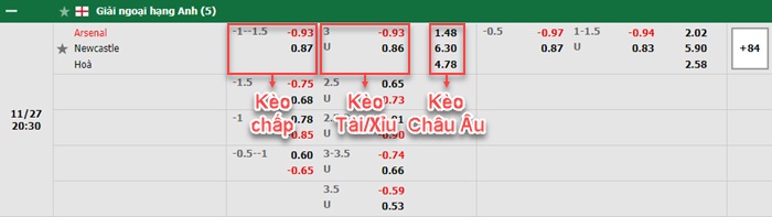 bảng kèo trận đấu Arsenal vs Newcastle