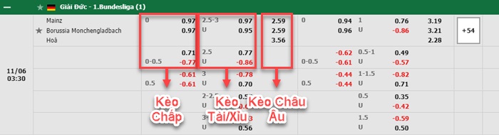bảng kèo trận đấu Mainz vs Monchengladbach