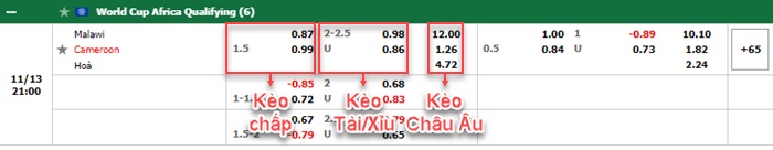 bảng kèo trận đấu Malawi vs Cameroon
