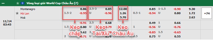 bảng kèo trận đấu Montenegro vs Hà Lan