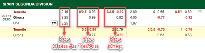 bảng kèo trận đấu Tenerife vs Girona