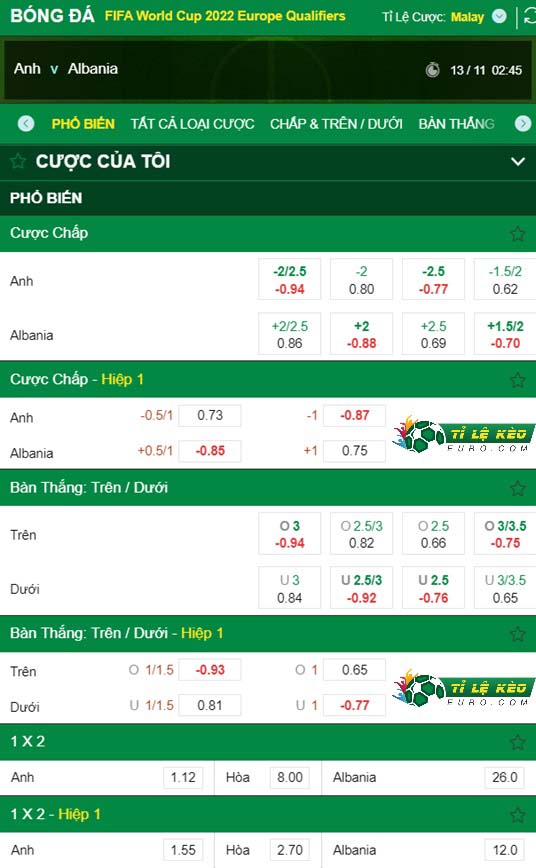 chi tiết kèo đấu Anh vs Albania