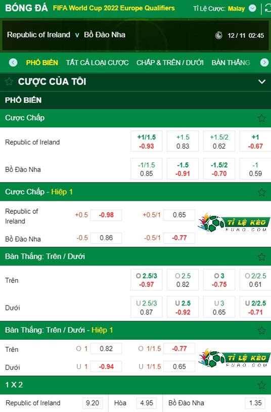 chi tiết kèo đấu CH Ireland vs Bồ Đào Nha