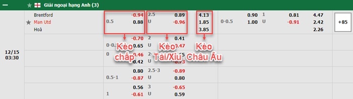 bảng kèo trận đấu Brentford vs Man United