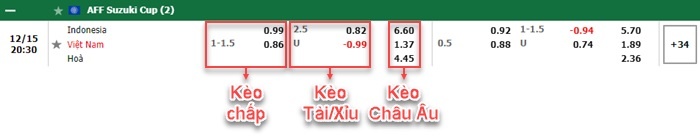 bảng kèo trận đấu Indonesia vs Việt Nam