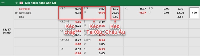bảng kèo trận đấu Liverpool vs Newcastle