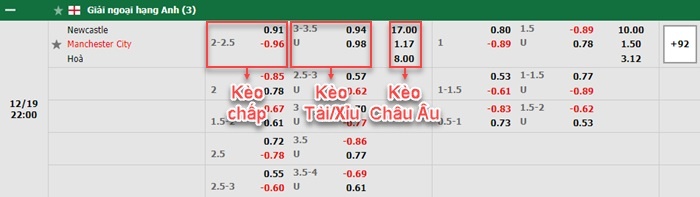 bảng kèo trận đấu Newcastle vs Man City