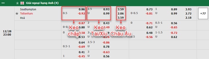 bảng kèo trận đấu Southampton vs Tottenham