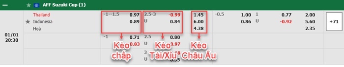 bảng kèo trận đấu Thái Lan vs Indonesia