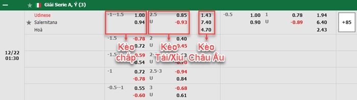 bảng kèo trận đấu Udinese vs Salernitana