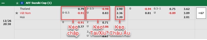 bảng kèo trận đấu Thái Lan vs Việt Nam