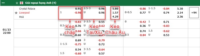 bảng kèo trận đấu Crystal Palace vs Liverpool