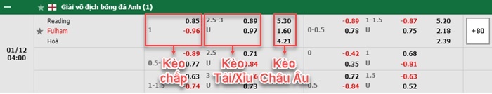 bảng kèo trận đấu Reading vs Fulham