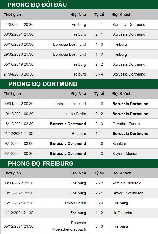 thông số đối đầu trận đấu Dortmund vs Freiburg