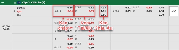 bảng kèo trận đấu Benfica vs Ajax