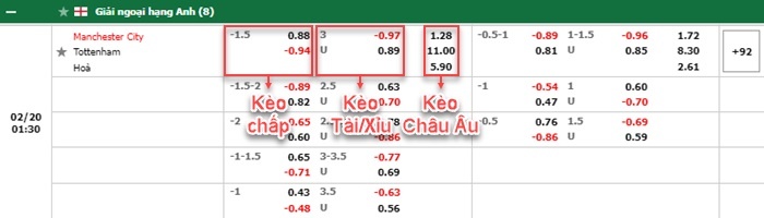 bảng kèo trận đấu Man City vs Tottenham