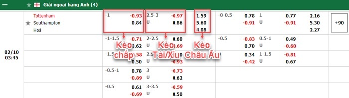 bảng kèo trận đấu Tottenham vs Southampton