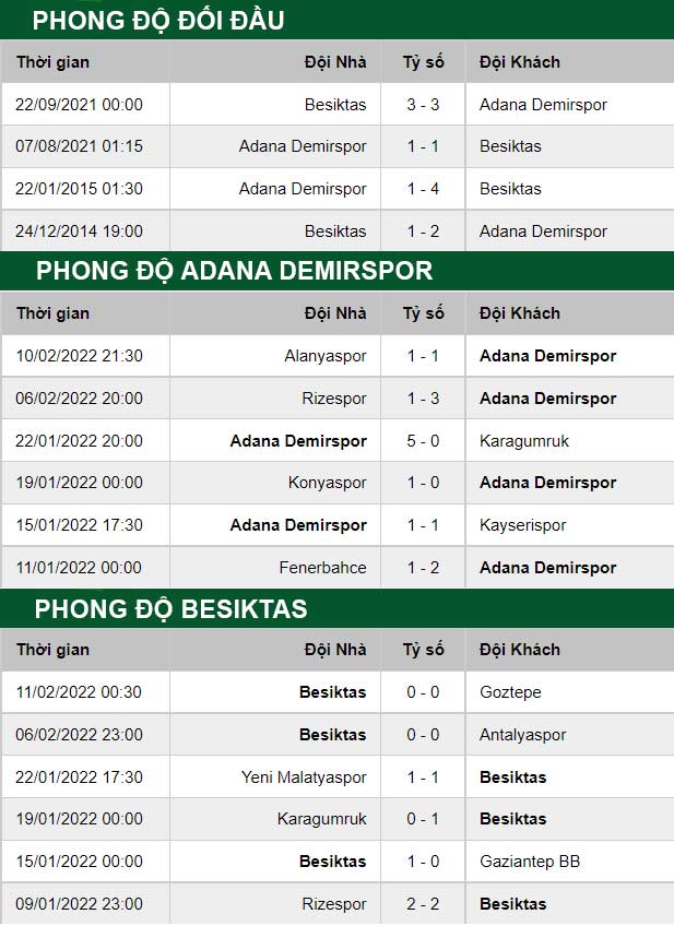 thông số đối đầu trận đấu Adana Demirspor vs Besiktas