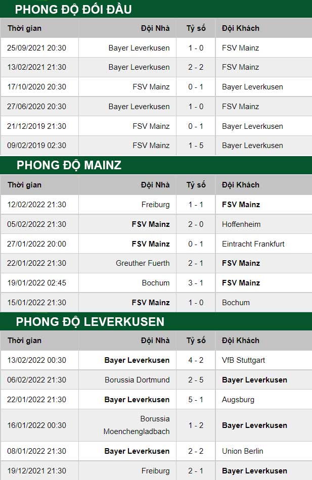 thông số đối đầu trận đấu Mainz vs Leverkusen