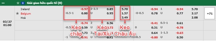 bảng kèo trận đấu CH Ireland vs Bỉ