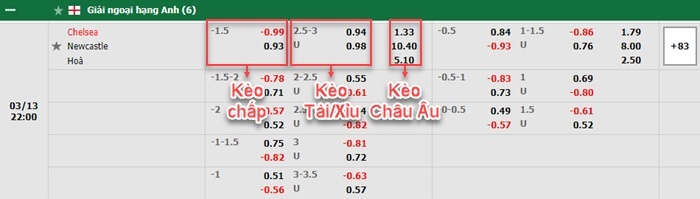 bảng kèo trận đấu Chelsea vs Newcastle