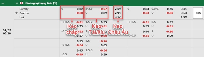 bảng kèo trận đấu Burnley vs Everton