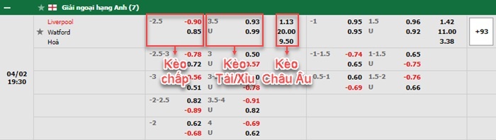 bảng kèo trận đấu Liverpool vs Watford