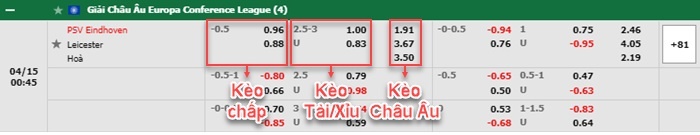 bảng kèo trận đấu PSV Eindhoven vs Leicester