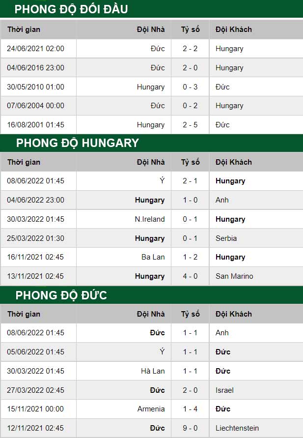 thông số đối đầu trận đấu Hungary vs Duc