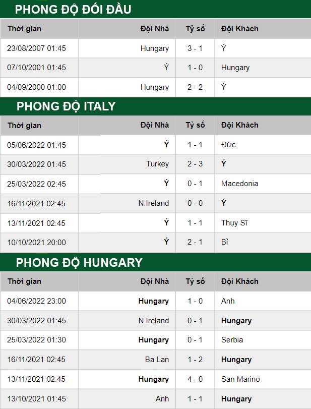 thông số đối đầu trận đấu Italia vs Hungary
