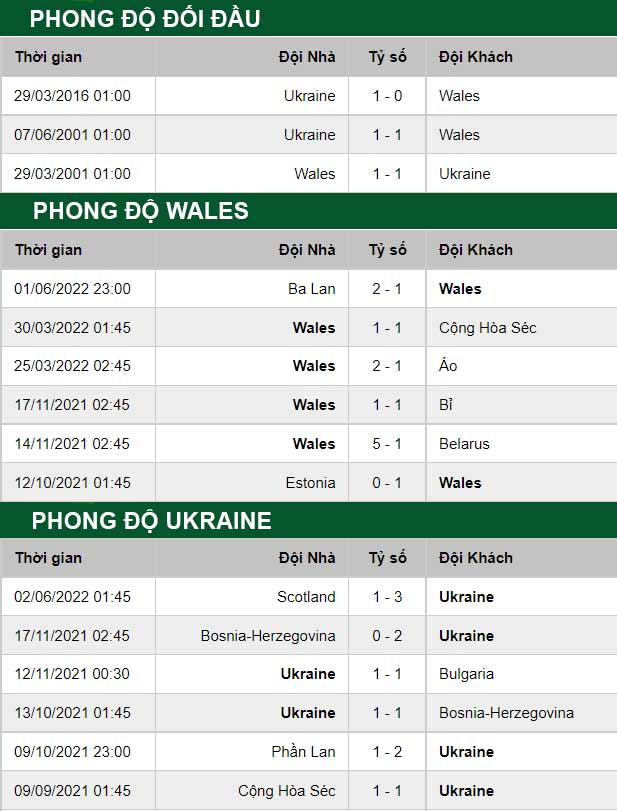 thông số đối đầu trận đấu Wales vs Ukraine