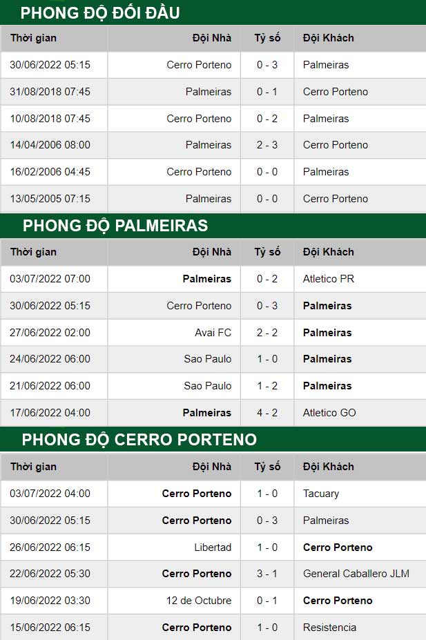 thông số đối đầu trận đấu Palmeiras vs Cerro Porteno