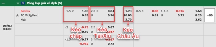 bảng kèo trận đấu Benfica vs Midtjylland