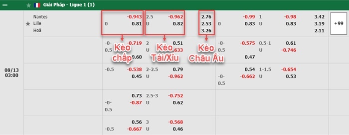 bảng kèo trận đấu Nantes vs Lille