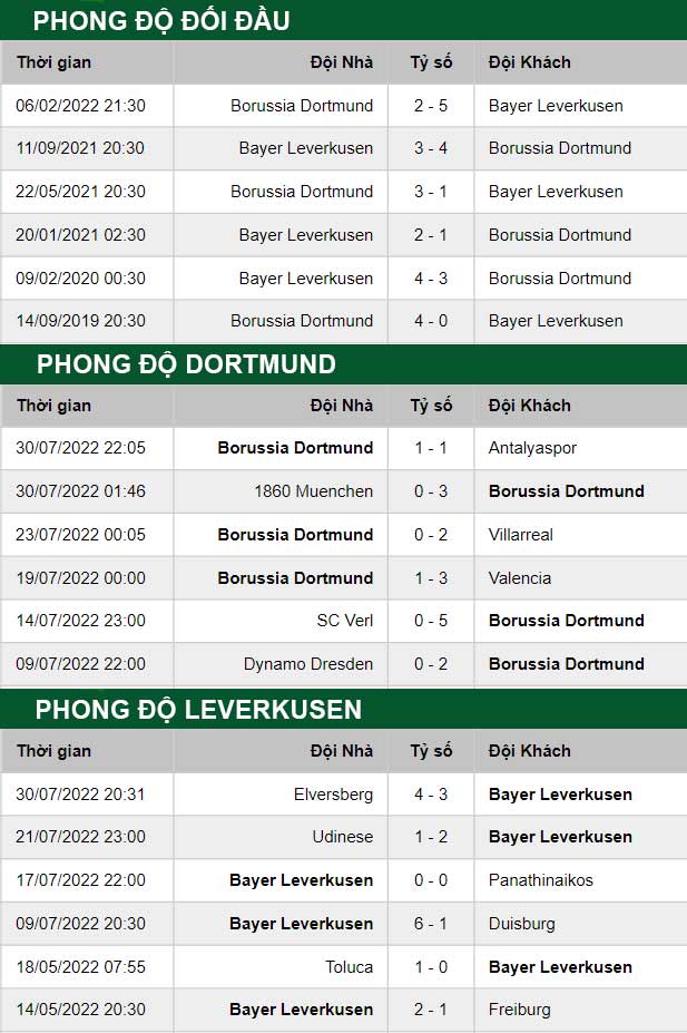 thông số đối đầu trận đấu Dortmund vs Leverkusen