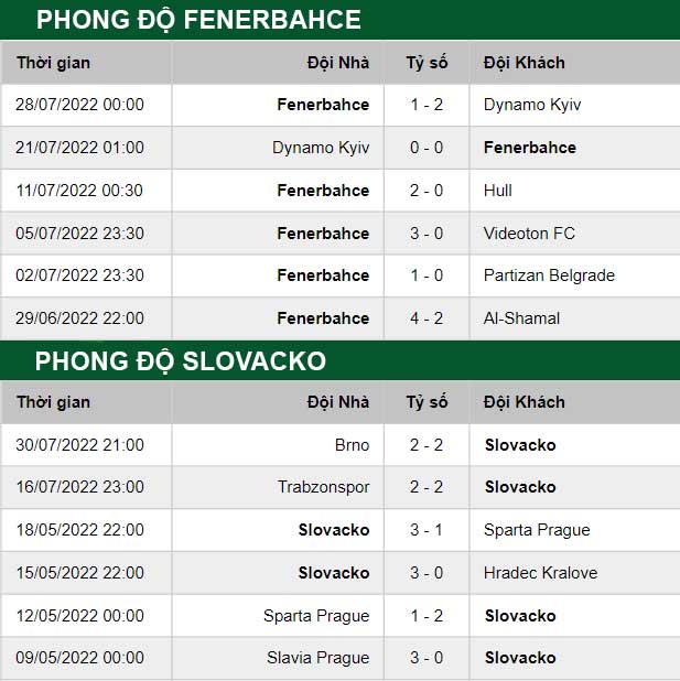 thông số đối đầu trận đấu Fenerbahce vs Slovacko