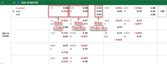 bảng kèo trận đấu Liverpool vs Ajax