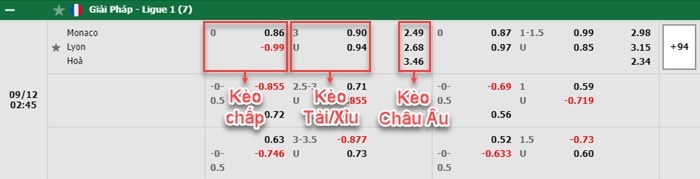 bảng kèo trận đấu Monaco vs Lyon