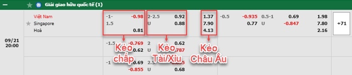 bảng kèo trận đấu Việt Nam vs Singapore