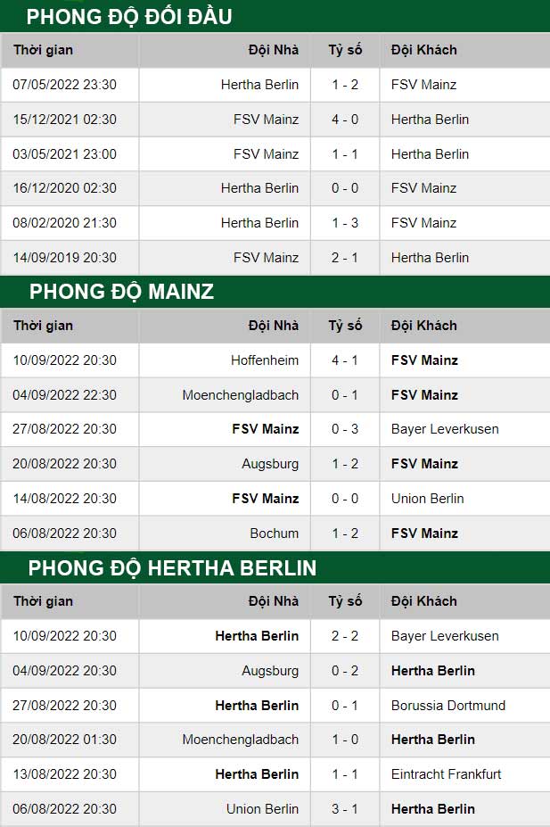 thông số đối đầu trận đấu Mainz vs Hertha Berlin