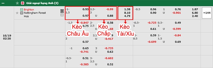 bảng kèo trận đấu Brighton vs Nottingham