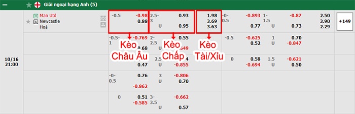 bảng kèo trận đấu Man United vs Newcastle
