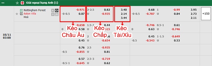 bảng kèo trận đấu Nottingham vs Aston Villa