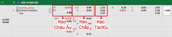 bảng kèo trận đấu Sporting Lisbon vs Eintracht Frankfurt