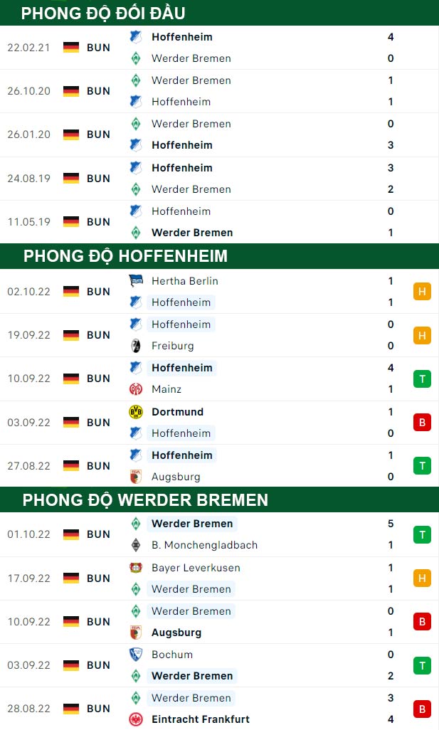 thông số đối đầu trận đấu Hoffenheim vs Bremen