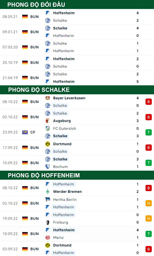 thông số đối đầu trận đấu Schalke vs Hoffenheim